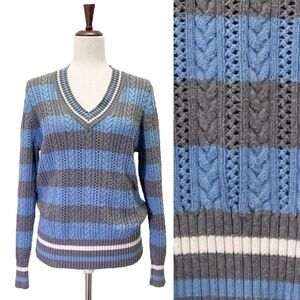 Liz Claiborne Cotton Cable Knit Sweater Size XL Blue Gray Stripe V-Neck VTG